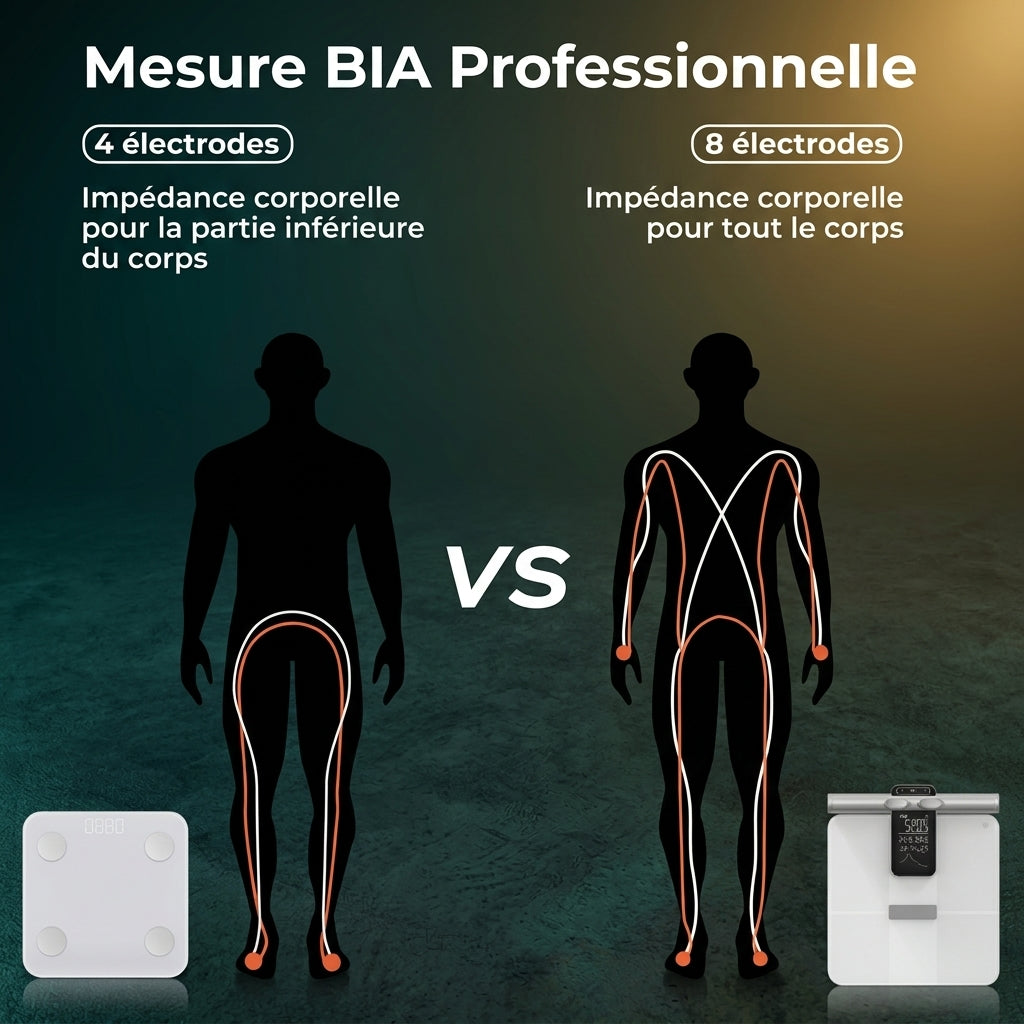 Balance de poids corporel Smart 8 électrodes – Bioimpédance, graisse corporelle, eau, masse musculaire et IMC