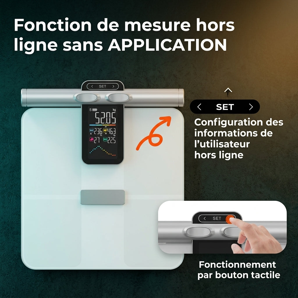 Balance de poids corporel Smart 8 électrodes – Bioimpédance, graisse corporelle, eau, masse musculaire et IMC