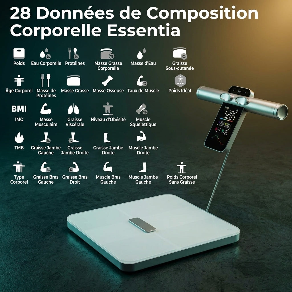 Balance de poids corporel Smart 8 électrodes – Bioimpédance, graisse corporelle, eau, masse musculaire et IMC