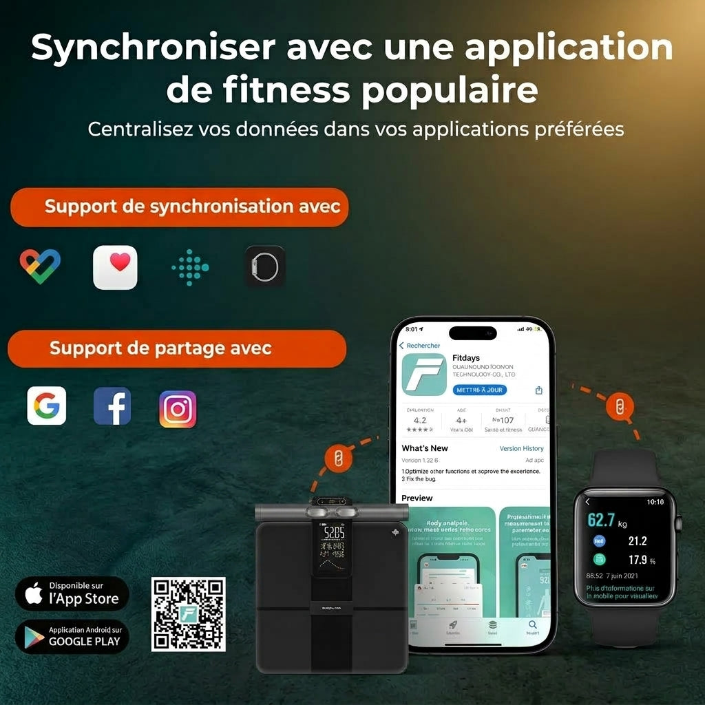 Balance de poids corporel Smart 8 électrodes – Bioimpédance, graisse corporelle, eau, masse musculaire et IMC
