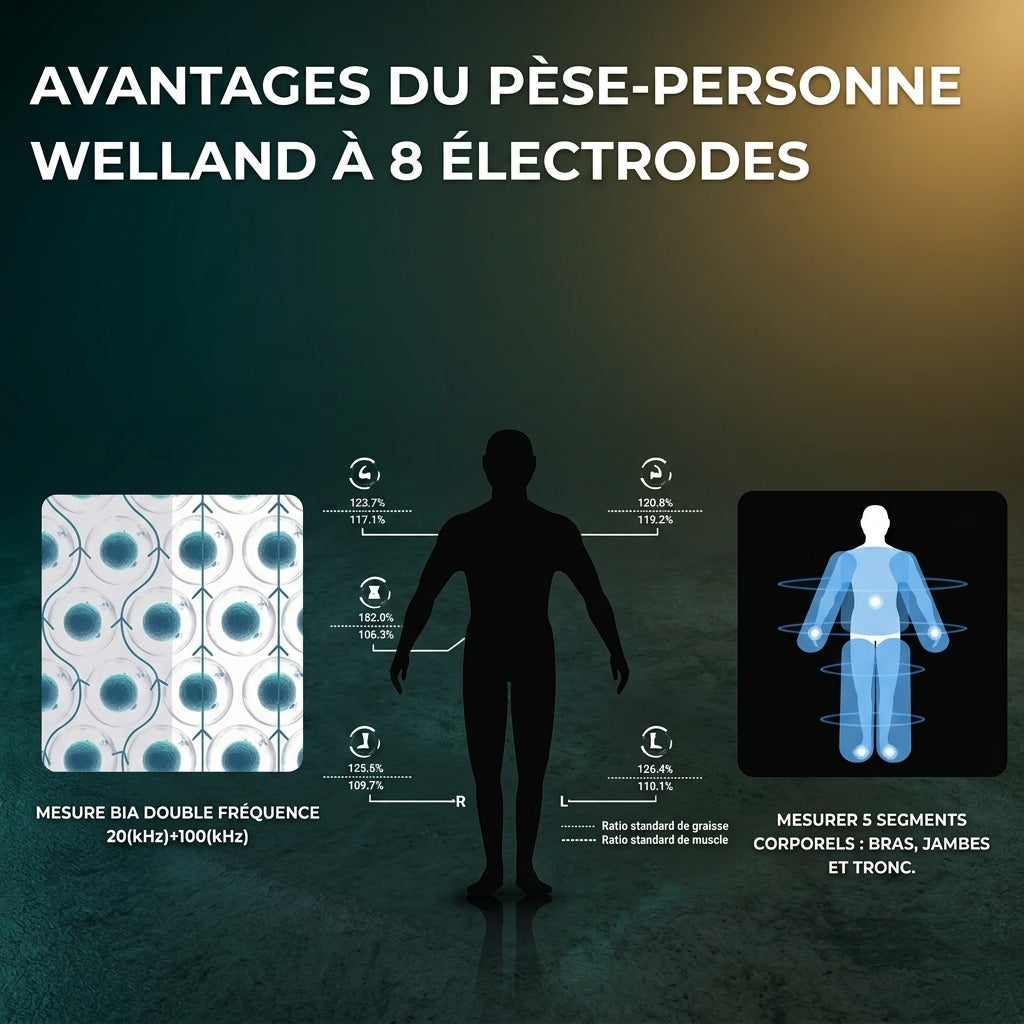 Balance de poids corporel Smart 8 électrodes – Bioimpédance, graisse corporelle, eau, masse musculaire et IMC
