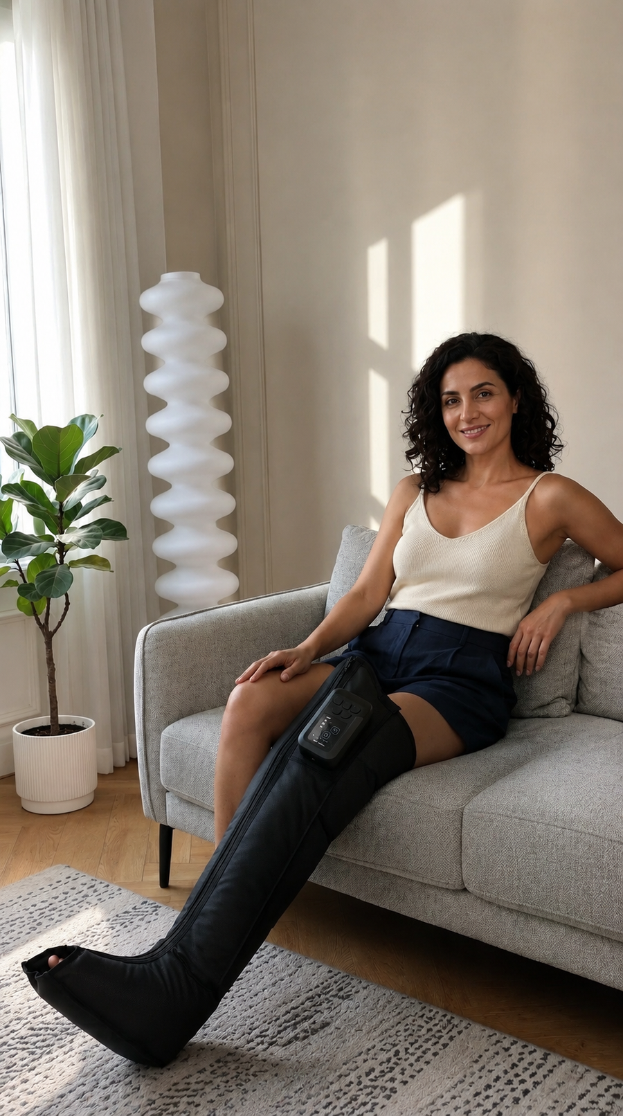 Femme assise sur un canapé de salon, botte de pressothérapie Ondéa couvrant la jambe du pied à la cuisse