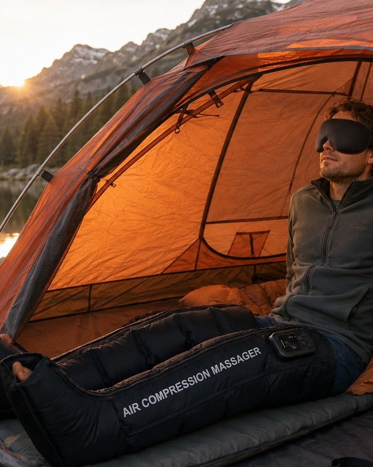 Homme sous une tente en montagne au lever du soleil, bottes de pressothérapie Ondéa sans fil aux jambes