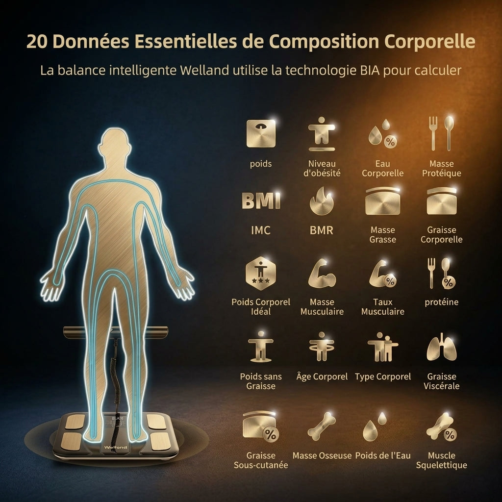 Balance de bioimpédance intelligente – Composition corporelle, graisse, eau, IMC – 20 données