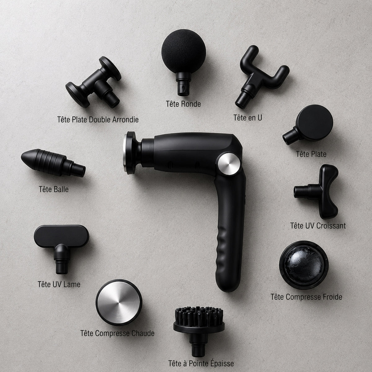 Pistolet de massage pliable Ondéa – Poignée extensible, chaud et froid, 10 têtes